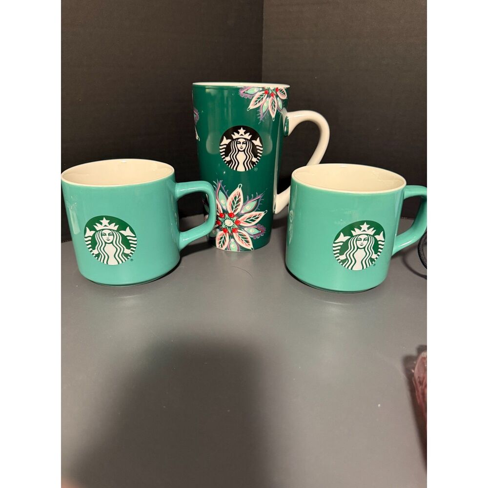 Starbucks Ceramic Mugs Set of 3 Turquoise 11oz Green Holiday Floral 14oz